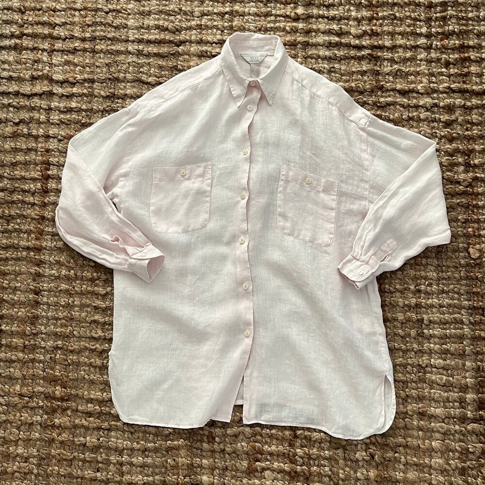 NEXT 100% Linen Blush Pink Oversized Button Down Shirt Women’s Small Coastal